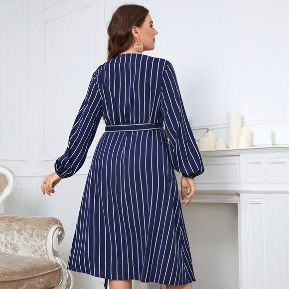 Melo Apparel Plus Size Striped Surplice Neck Long Sleeve Dress - Picture 5 of 7